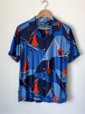 Polo Ralph Lauren Camp Collar Sailboat Shirt Men’s M Hawaiian Blue AOP Geometric